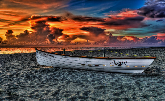 Обои картинки фото корабли, лодки, шлюпки, песок, закат, лодка, пляж, океан, palm, beach