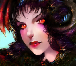 Картинка фэнтези демоны девушка взгляд лицо брюнетка демон рога