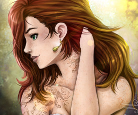 Картинка рисованные люди рыжая веснушки лицо профиль девушка серьги узоры зеленые глаза рука