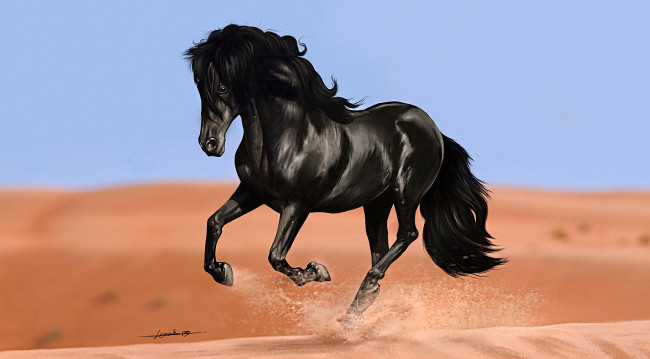 Обои картинки фото рисованные, животные,  лошади, дюны, песок, бег, конь, вороной, арт