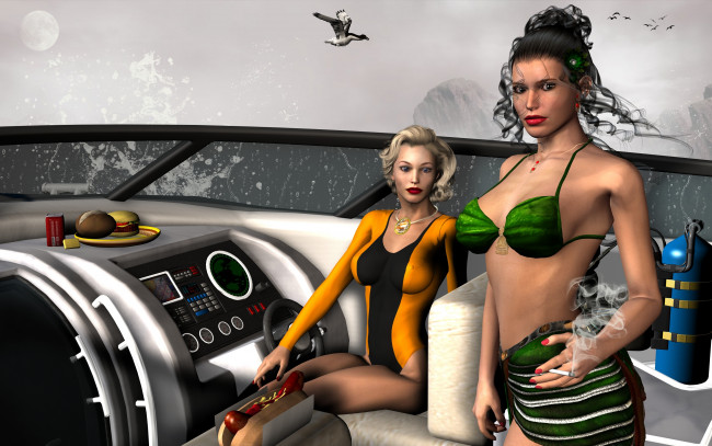 Обои картинки фото 3д графика, fantasy , фантазия, лодка, девушки