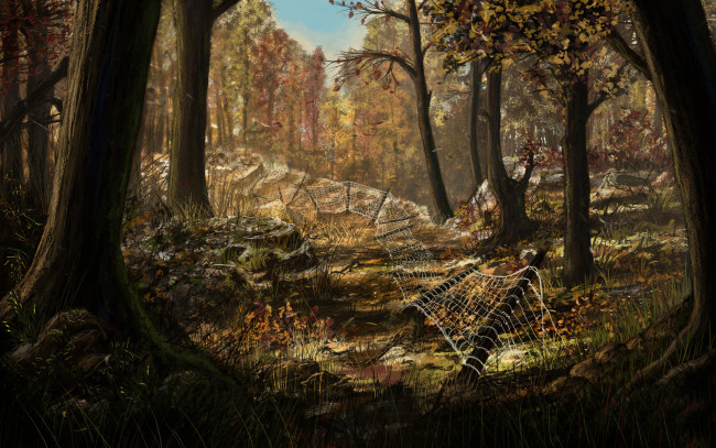 Обои картинки фото природа, рисованные, осень, забор, лес