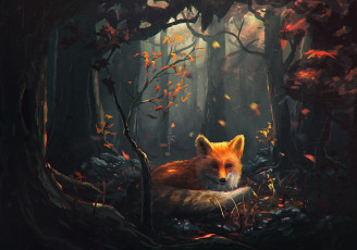 Картинка рисованное животные +лисы деревья лиса лес