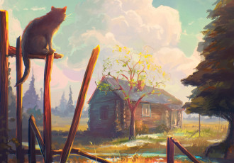 Картинка рисованное живопись деревья кот дом пейзаж облака забор