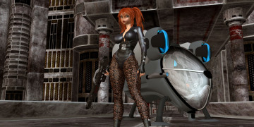 Картинка 3д+графика фантазия+ fantasy фон взгляд девушка рыжая оружие