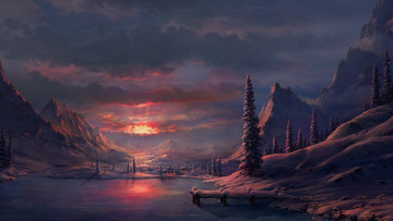 Картинка рисованное природа закат пейзаж
