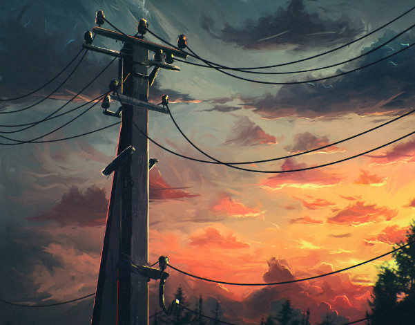 Обои картинки фото рисованное, города, закат, небо, облака, лес, провода, вечер, столб