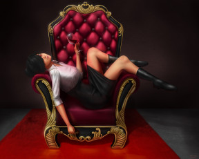 Картинка аниме unknown +другое поза красные глаза девушка фужер кресло взгляд челка арт вино юбка