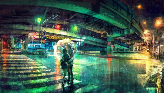 Обои картинки фото аниме, город,  улицы,  здания, двое, ночь, зонт, пара