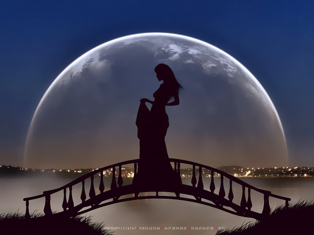 Обои картинки фото календари, 3д-графика, девушка, мост, луна, планета, ночь, calendar, 2020