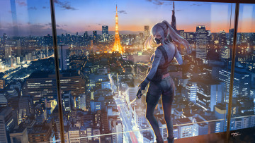 Картинка аниме girls+frontline девушка оружие окно панорама город