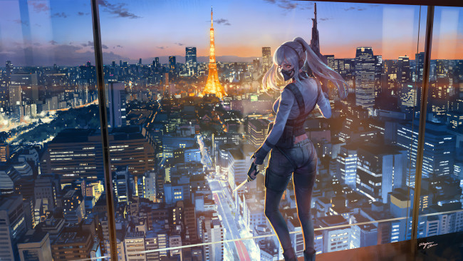 Обои картинки фото аниме, girls frontline, девушка, оружие, окно, панорама, город