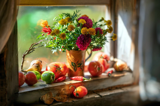 Обои картинки фото еда, овощи, букет, перец, лук, помидоры