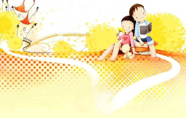 Обои картинки фото рисованное, дети, мальчик, девочка, книга, мишка, дом, цветы