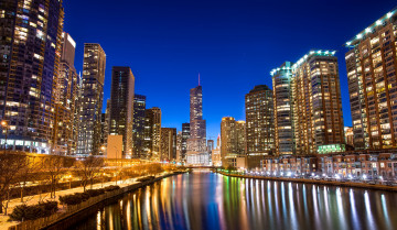 Картинка chicago города Чикаго сша ночной город блики набережная здания небоскрёбы река