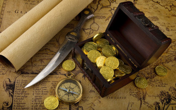 Картинка разное золото купюры монеты кинжал шкатулка компас карта