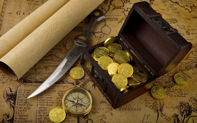 Обои картинки фото разное, золото, купюры, монеты, кинжал, шкатулка, компас, карта