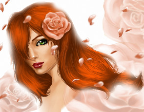 Картинка рисованные люди лепестки розы девушка рыжая цветы