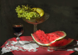 Картинка еда натюрморт виноград арбуз бокал