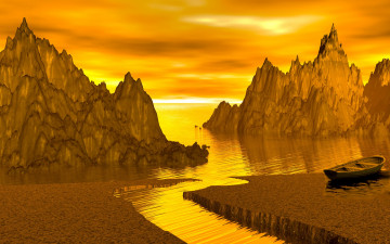 Картинка 3д+графика nature landscape+ природа море лодка закат горы