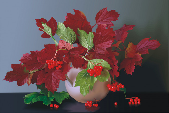Обои картинки фото рисованные, природа, багрянец, ягоды, листья, натюрморт, калина, ваза, осень