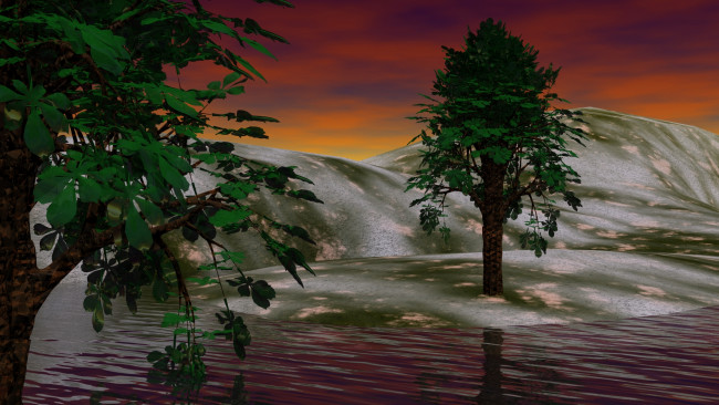 Обои картинки фото 3д графика, природа , nature, деревья, река, горы, закат