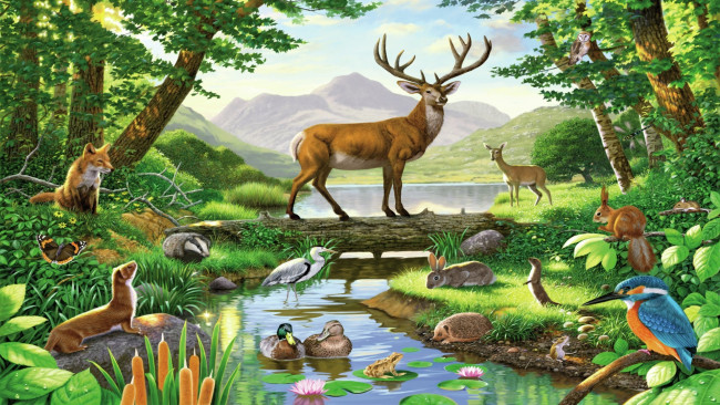 Обои картинки фото рисованное, животные, рисунок, картина, лес, олень, птицы