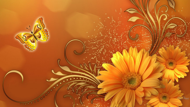 Обои картинки фото векторная графика, цветы , flowers, цветы, узор, бабочка, вензель