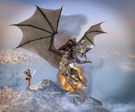 Картинка 3д+графика фантазия+ fantasy дракон взгляд фон мужчина девушка оружие амазонка горы