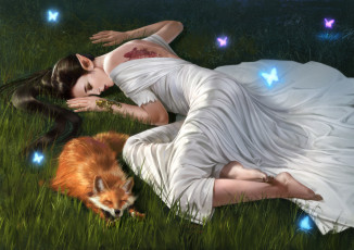 Картинка фэнтези эльфы эльфийка животное татуировка лиса арт браслет платье трава фэнтази лежит