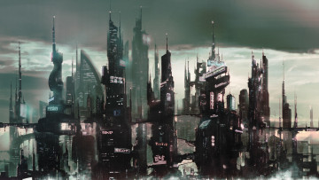 Картинка фэнтези иные+миры +иные+времена башни мегаполис мрачный серый город небоскребы огни