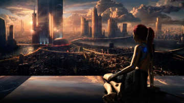 Картинка фэнтези иные+миры +иные+времена река рассвет облака будущее дороги панорама мегаполис небоскребы киборг девочка