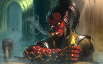 Картинка фэнтези демоны дьявол девушка огонь кулак зажигалка демон fan art hellboy hellgirl сигара