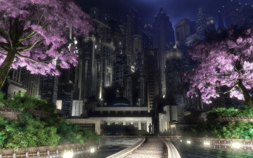 Картинка фэнтези иные+миры +иные+времена ночь небоскребы подсветка вода мегаполис парк сакура цветение дорога город