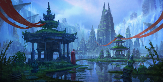 Обои картинки фото фэнтези, замки, монах, вода, atlantis, art, фантастика, башня, храм