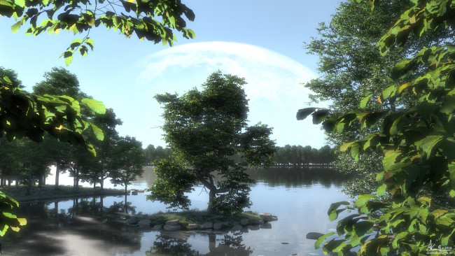 Обои картинки фото 3д графика, природа , nature, деревья, река