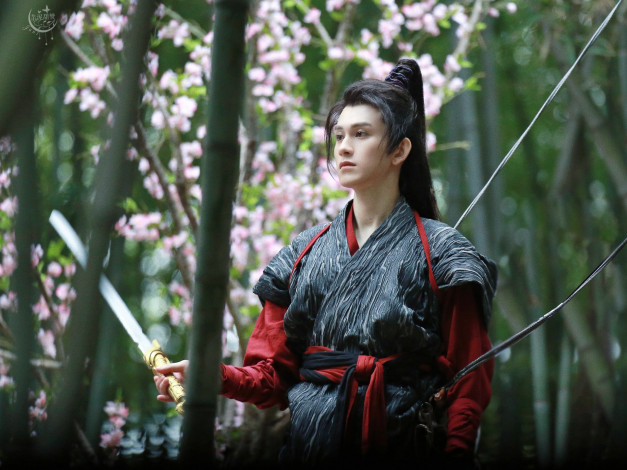 Обои картинки фото мужчины, zhu zanjin, актер, костюм, меч, лес