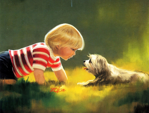 Обои картинки фото рисованное, donald zolan, мальчик, собака, лужайка