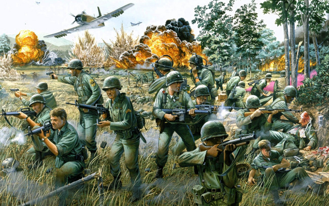 Обои картинки фото рисованное, армия, солдаты, война, поле, самолет, огонь