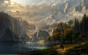Картинка sarel theron фэнтези пейзажи горы водопад озеро деревья всадник
