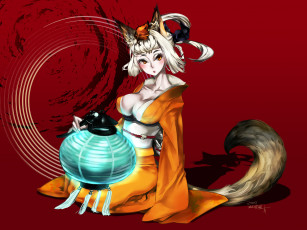 Картинка аниме animals девушка ушки хвост кимоно
