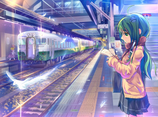 Картинка аниме touhou птицы девочки поезд метро