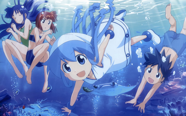 Обои картинки фото аниме, shinryaku, ika, musume, вода, скат, девушки