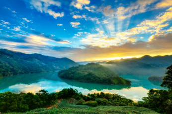 Картинка природа реки озера озеро восход остров горы