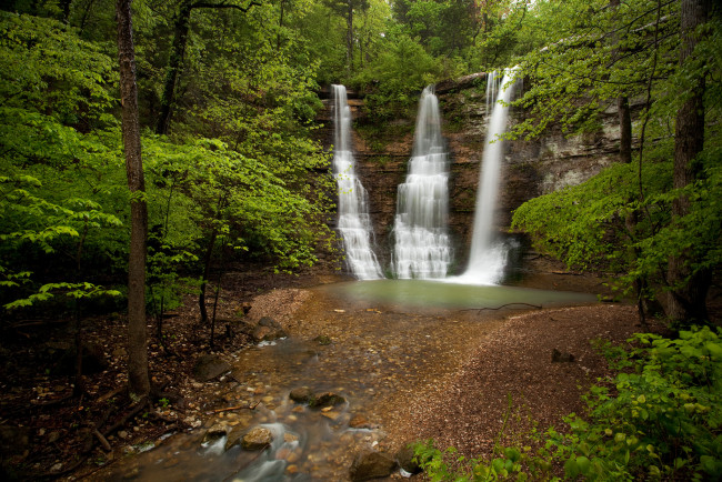 Обои картинки фото triple, falls, aka, twin, arkansas, природа, водопады, скала, лес