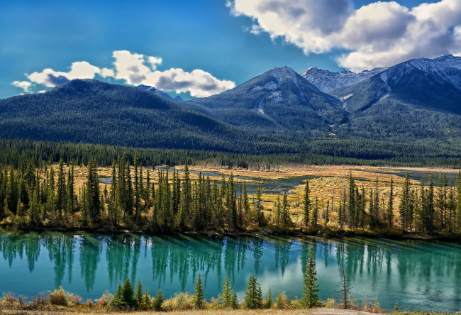 Обои картинки фото bow, river, alberta, canada, природа, реки, озера, река, боу, альберта, канада, горы, долина, деревья, пейзаж