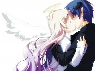 Картинка аниме -angels+&+demons парень поцелуй крылья рога демон арт двое пара нимб ангел девушка yuzuki kei слезы