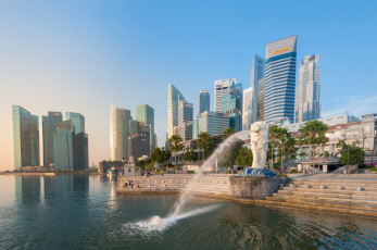 Картинка merlion+fountain +singapore города сингапур+ сингапур merlion fountain marina bay singapore фонтан залив набережная лестница здания небоскрёбы