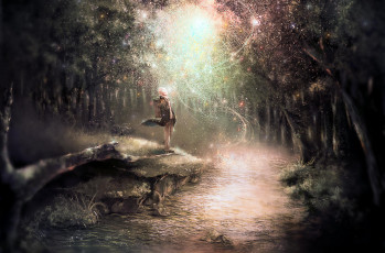 Картинка аниме mushishi scarlet97 арт деревья ginko парень магия лес мастер муси река