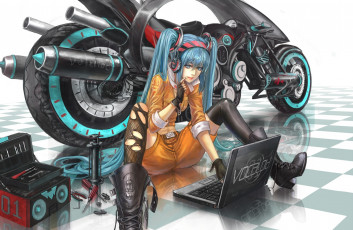 Картинка аниме vocaloid ноутбук наушники девушка отвертка мотоцикл hatsune miku zhouran арт